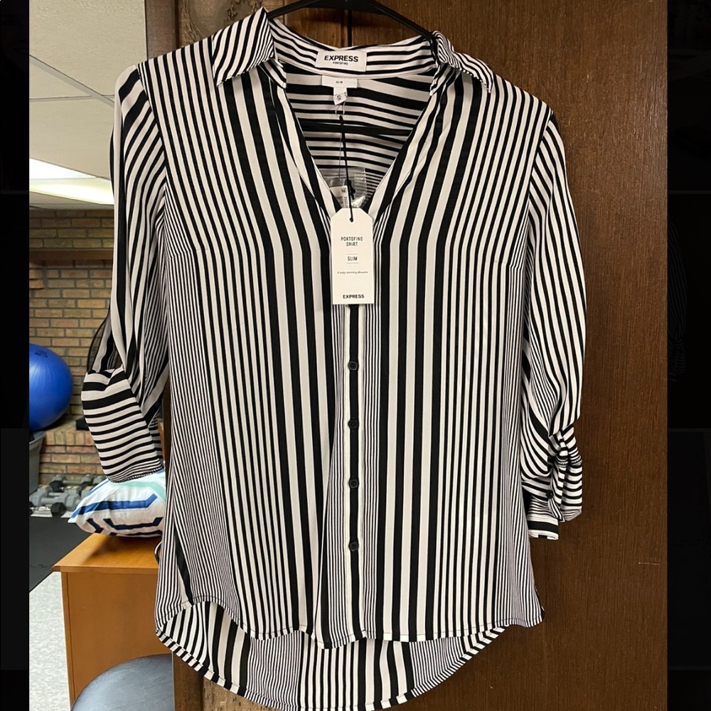 Button up blouse, black and white stripes